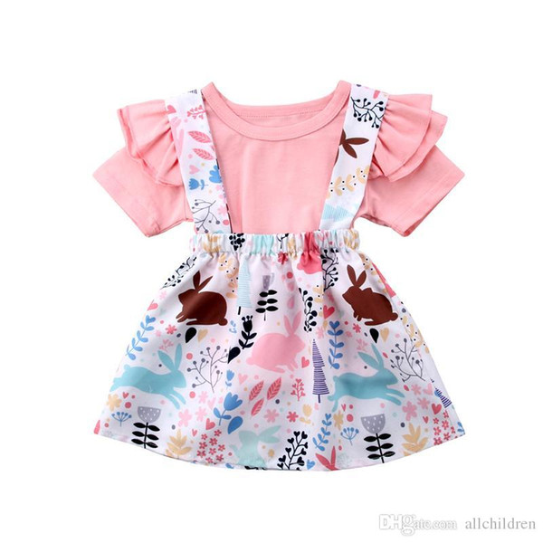 Cute Newborn Toddler Kids Girl Clothing Set Ruffles Short Sleeve Pink T-shirt Tops+ Cartoon Rabbit Floral Overall Dress Costume