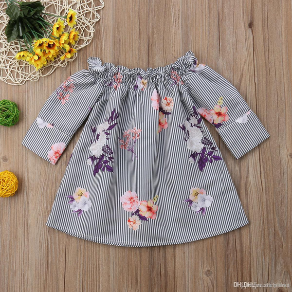 Girls Off Shoulder Floral Stripe Princess Party Pageant Cute Dress Toddler Kid Baby Girl Clothes Dresses 1-6T