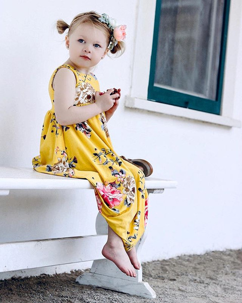 2019 Korean summer new girls sleeveless yellow backless flower dress