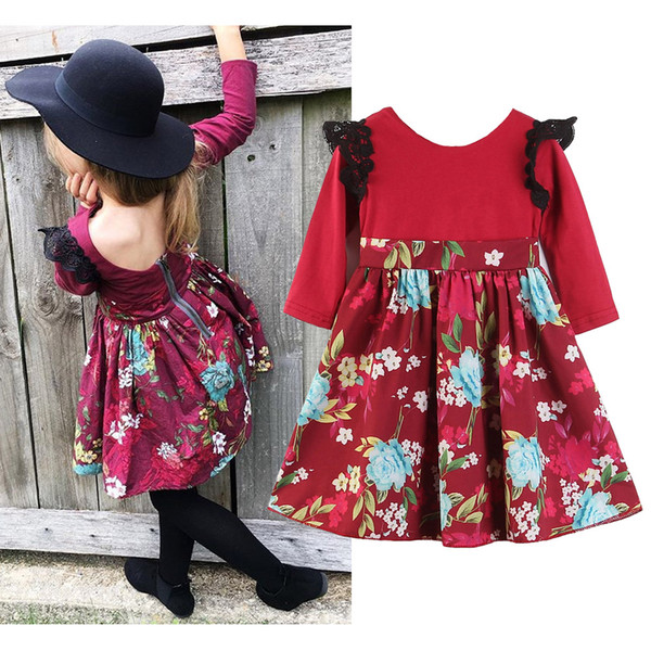 New children's clothing hot girls spring and autumn fashion temperament long-sleeved floral pleated dress