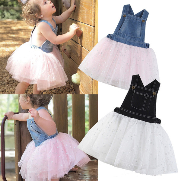 2019 summer new girls dress denim strap mesh ruffled dress strap / vest skirt star dress skirt