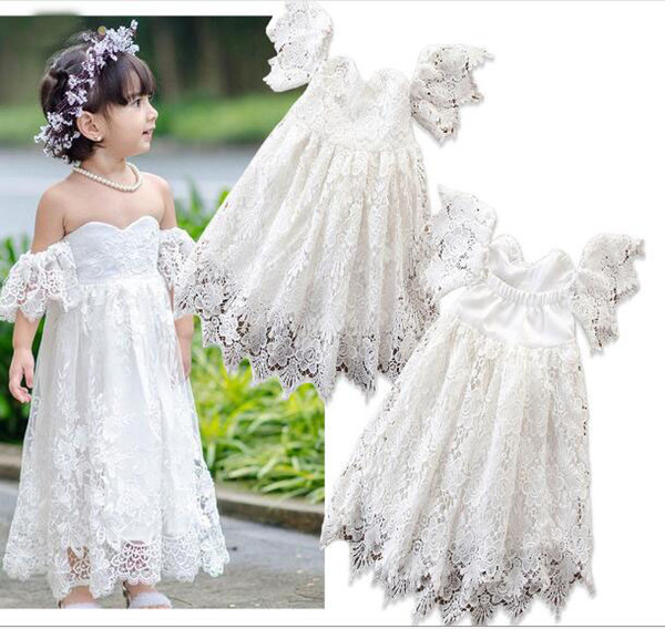 New children's clothing explosion models girls lace white dresses Solid color word shoulder dress wedding princess dress