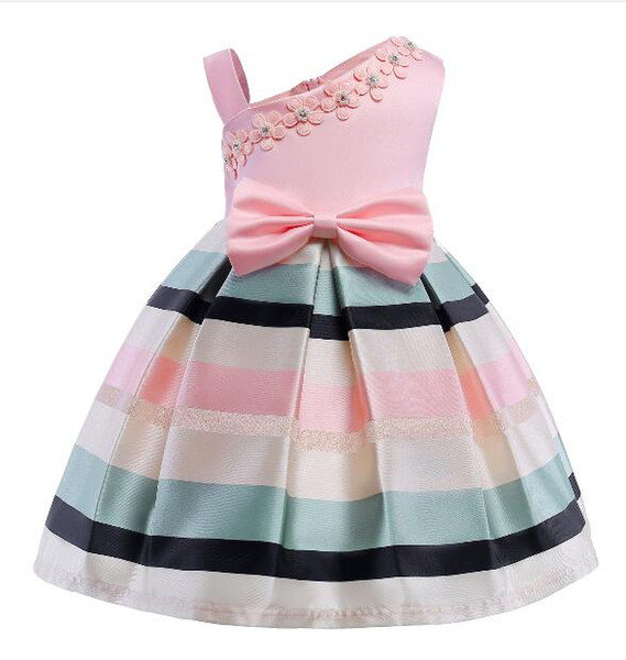 Spring and summer new children's wear girls dress flower girl skirt one shoulder strap horizontal striped dress skirt