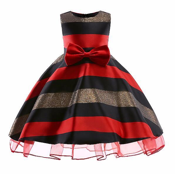 Summer new European and American style girl bow dress horizontal stripes in the big children's dress skirt