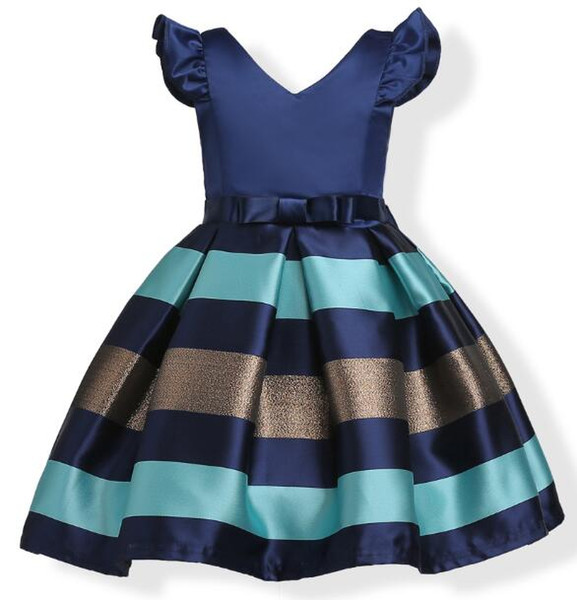 New children's clothing girls European and American style dress V-neck flying sleeves horizontal stripes in the big boy princess dress