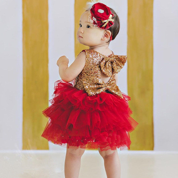 Children's wear Summer new dress girls gold bare back sequin cake skirt big bow princess mesh skirt