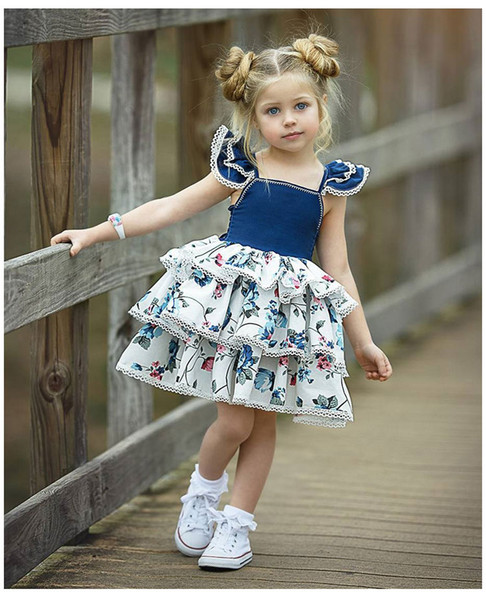 European and American wind children's clothing girls Blue floral cake skirt summer new style flying sleeves dress