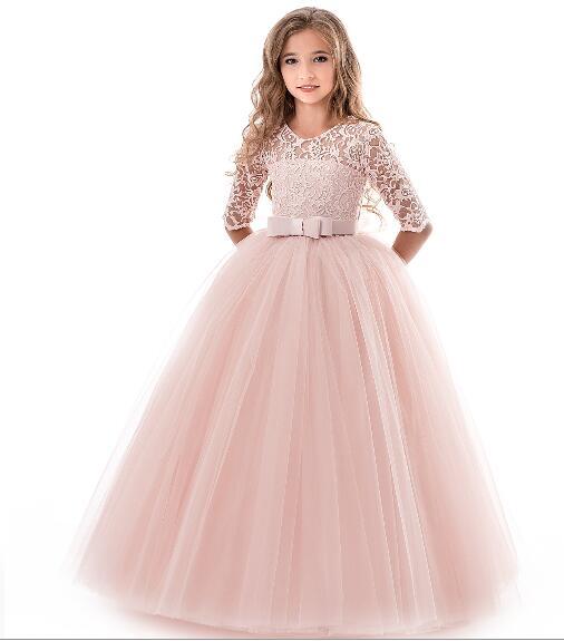 New children's dress long-sleeved girls lace bow princess dress flower girl fluffy mesh skirt wedding dress