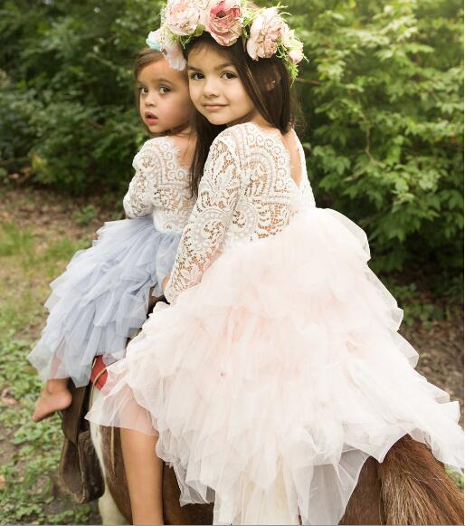 New children's dress long-sleeved girls lace miss back princess dress flower girl fluffy mesh skirt wedding dress