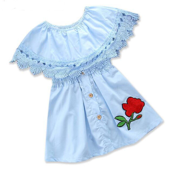 New children's clothing summer girls fashion blue word shoulder ruffle flower embroidery dress