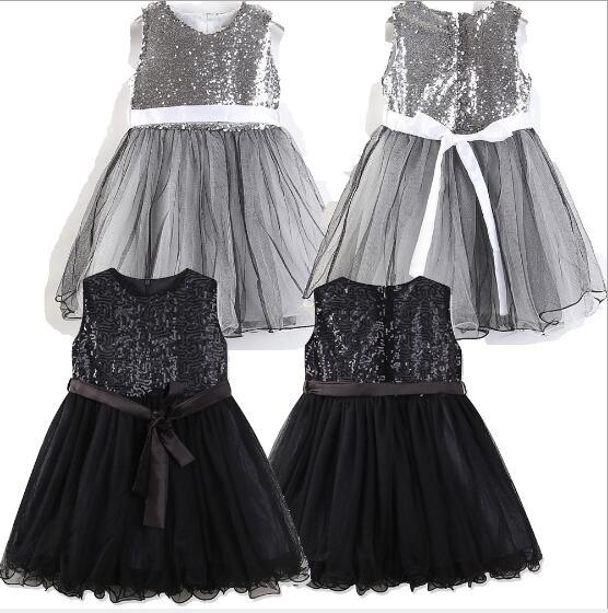 New children's clothing European and American style summer girls sleeveless black / gray sequins mesh princess dress