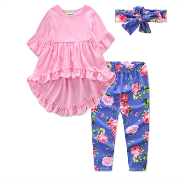 Baby Girls Irregular Dress Blue Flowers Pants Set Pants + skirt + headband 3 piece set kids Clothing Set Girl summer dress