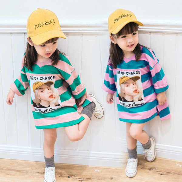 Autumn kids clothes girls pullover sweatshirts striped cotton girls tops tees long sleeve t shirt dress character children clothing