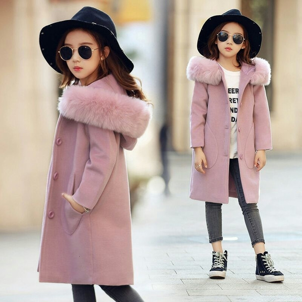 2019 Autumn Winter Girls Fashion Thickening Large Fur Collar Wool Coat JacketMX190916