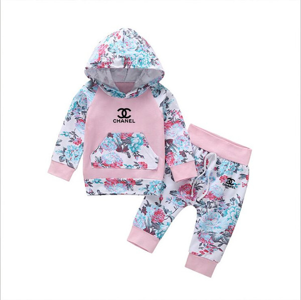 Latest promotion Female children's print set hooded cotton autumn long-sleeved girls floral two-piece cross-border hot batch 9-24M