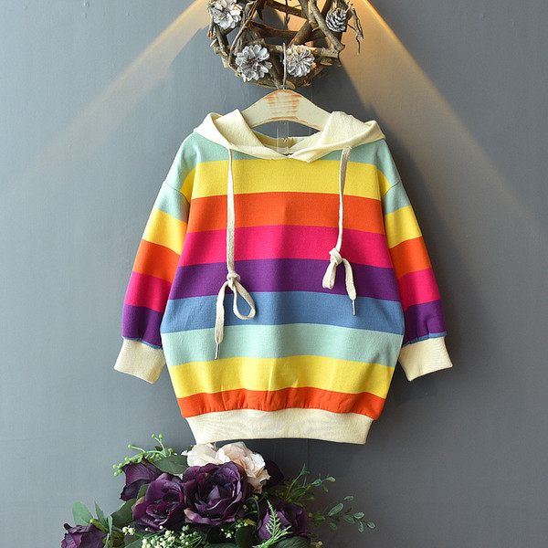 2019 Designer Kids Autumn Clothes Striped Rainbow Printed Long Sleeve Hooded Sweatshirts Fashion Sports Hoodies Girls Clothing Kids Sweaters