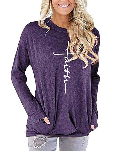 Faith Letter Printed Hoodie Women Sweatshirt Pollover Coat Long Sleeve Round Neck Pocket Girls Shirt Top LJJO7674
