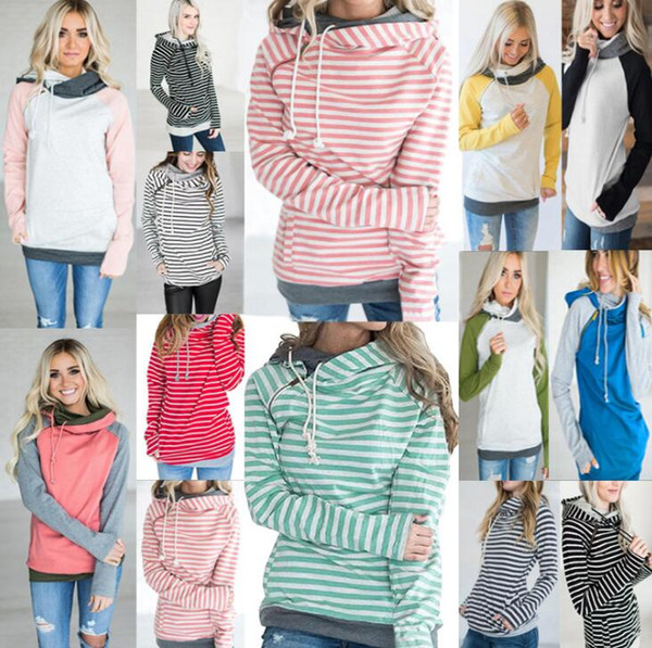 Women Striped Patchwork Hoodie Maternity Pocket Hooded Hoodies Autumn Winter Sweatshirts Long Sleeve Striped Pullovers Tees Tops GGA3001-4