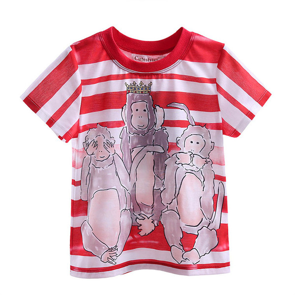 Cutestyles 2016 Funny Boys T-shirts Cute Three Monkey Pattern And Red Stripe Kids T-shirt for 2-9 Years BT90324-19L