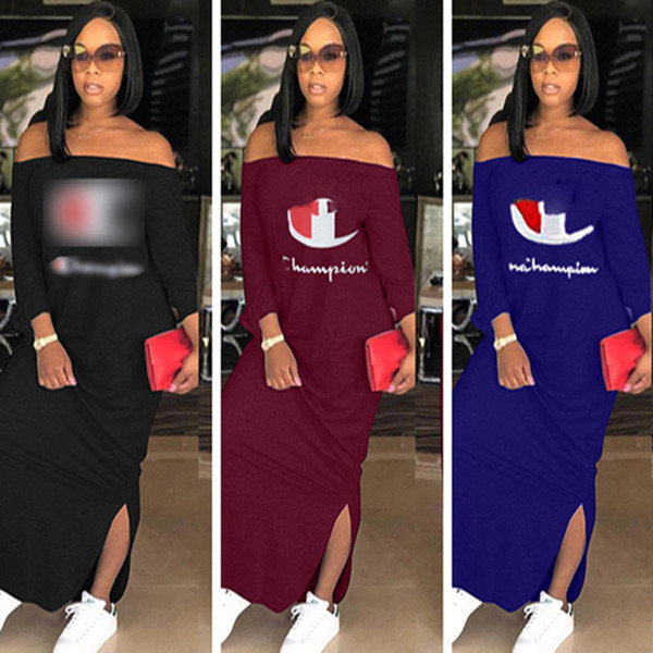 Women Champions Long Split Dress Long Sleeve Shoulder Out Hoodie Dresses Autumn Fall Fashion Solid Color Loose Skirt Plus Size Clothing