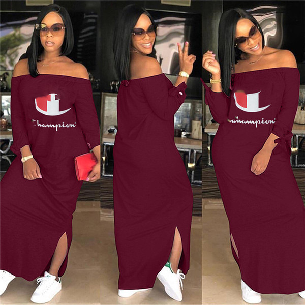 Women Champions Letter Dress Autumn Shoulder Out Split Long Hoodie Dresses Brand Fashion Long Sleeve Skirt Plus Size Casual Clothing