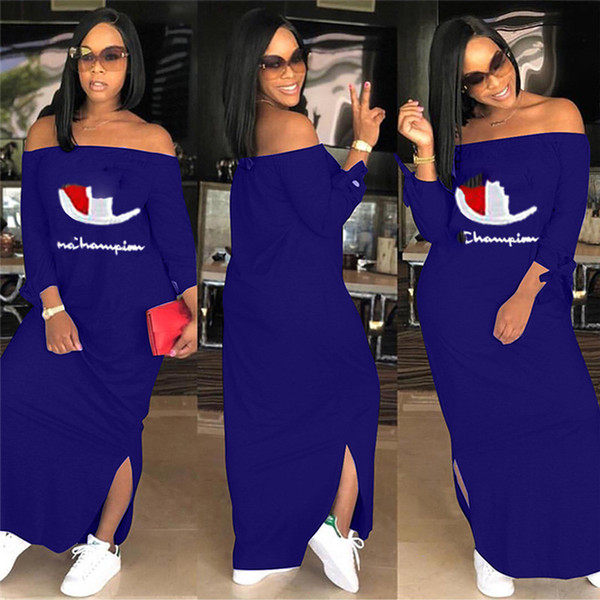 Women Champions Letter Dress Brand Shoulder Out Split Long Hoodie Dresses Autumn Fall Fashion Long Sleeve Skirt Plus Size Clothing