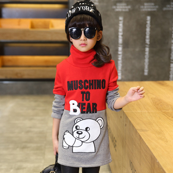 Wholesale- Girls sweatshirt Winter Sweatshirts girls Cartoon printing Kids long tops Turtle neck top double colors patchwork long sleeve