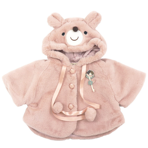 2019 Winter cotton wool pure color princess casual all-match super warm Cape coat with cute bear cap for cute sweet baby boys