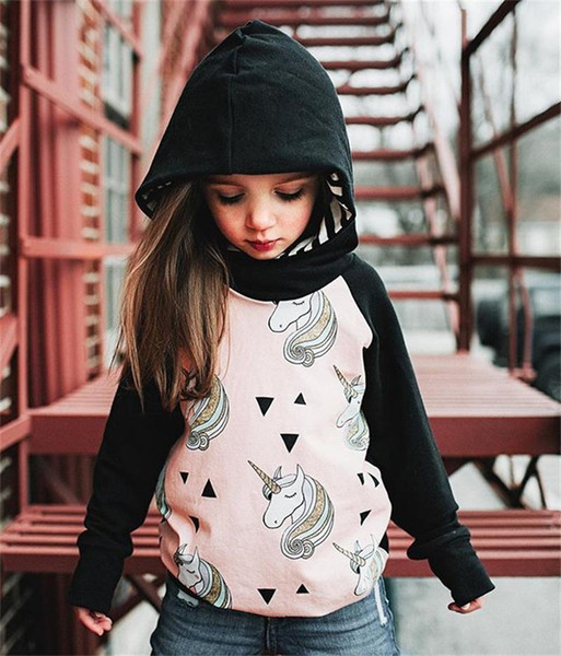 Kids Pink Black Unicorn Print Hoodie Baby Girls Long Sleeve Unicorn Tops Pullover Outwear Spring Autumn