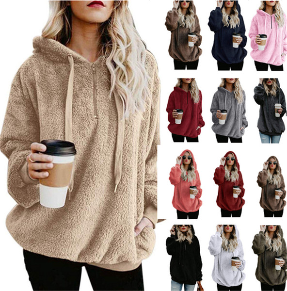 Women Sherpa Hoodie Fleece Pullover Sweatshirts Winter Half Zipper Loose Shirts Spring Autumn Hooded Coat Women Top Clothes Plus size S-5XL