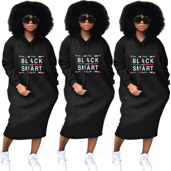 Women Black Smart Hoodie Dress Long Sleeve Hooded Jumper Brand Loose Pullover Sweatshirt S-3XL Street Club Wear Sports Casual Dresses C3141