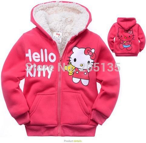 Wholesale- 2016 Baby girls Hello Kitty coat Hooded fur Sweater Winter Warm Jacket Children outerwear kids clothes retail