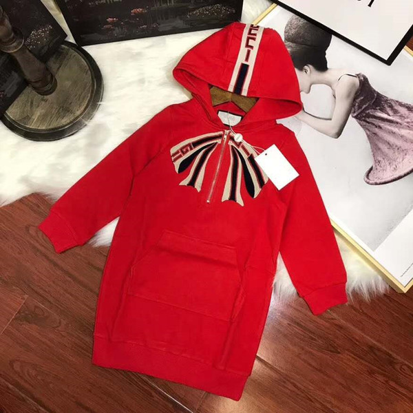 Hao Fashionable Temperament Children's Garment Girl Long Style Hoodies Dress 2018 Autumn Pure Cotton Soft Red Comfortable