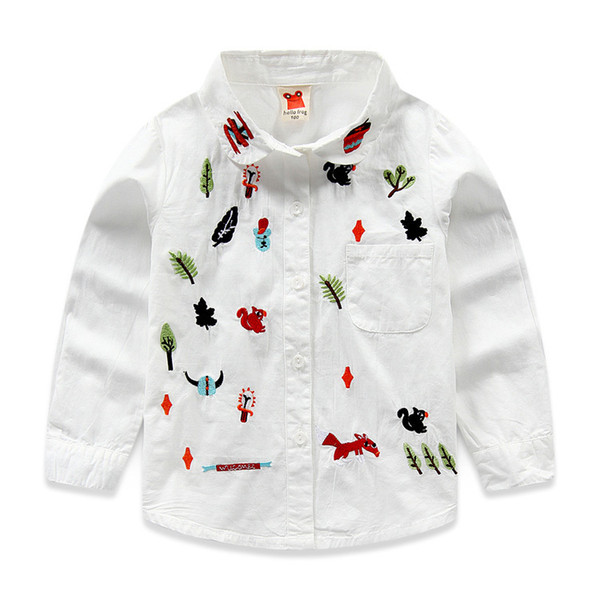 Brand Long-sleeve Girls White Blouse 100% Cotton Cartoon Embroidery Girls Shirts 2-6 Years Kids School Blouse Children Clothes