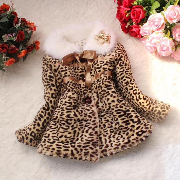 Hot sale Girls Leopard faux fox fur collar coat clothing with bow Retail Girls coat Children outerwear D163L