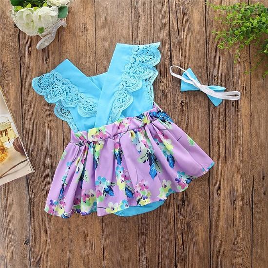 Toddler Infant Newborn Baby Girls Romper Jumpsuit Dress+ Headband Two Pieces Foral Printing Clothes 0-24M Toddler Summer Lace Cotton Romper