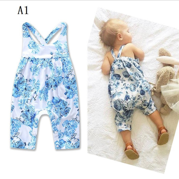 European and American Infant Baby Newborn Baby Girl Jumpsuit Blue Print Halter Camisole Printing Clothing 0-24M Infant Summer Lace Cotton Ja