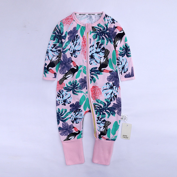 5 Colors Flower and Bird Pattern Knitting Animal Plaid Printed Haberdeck Closing Bodysuit Baby Cotton Outing Dress Romper Suit LKJ56