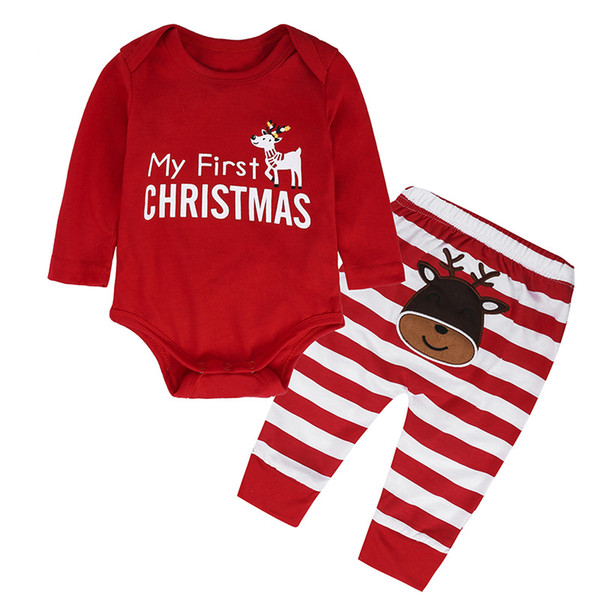 INS Kids Clothes Baby Cotton Jumpsuits Christmas Deer Children Siamese Romper Hafu Red Letter Long Sleeves + Striped Pants Baby Sets HKJ26