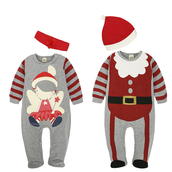 Boy Baby Christmas Clothes Suit Newborn Cotton Jumpsuit Knee Romper New Year Long Sleeve Printed Jumpsuit Romper + Hat HKJ89