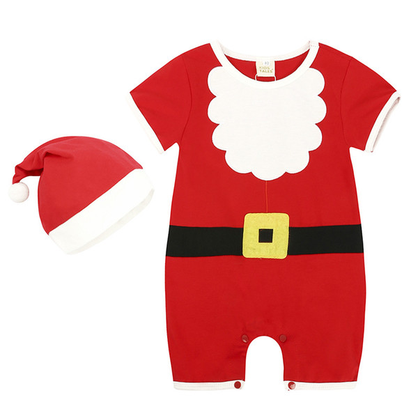 Boys and Girls Christmas Short-sleeved Rompers Baby Red Crawling Suit Cotton Printed Children's Clothing + Hat Kids Costume HYU89