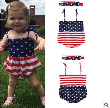 American Flag Pattern Jumpsuits With Headband Two-piece Baby Girl Sleeveless Rompers Kids Summer Cotton Jumpsuits Free Shipping