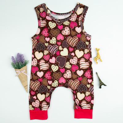 2018 New Arrival Ins Summer Baby Cotton Casual Rompers Sleeveless Brown Love Heart Print Playsuit Bodysuit Long Pants For 0-1T