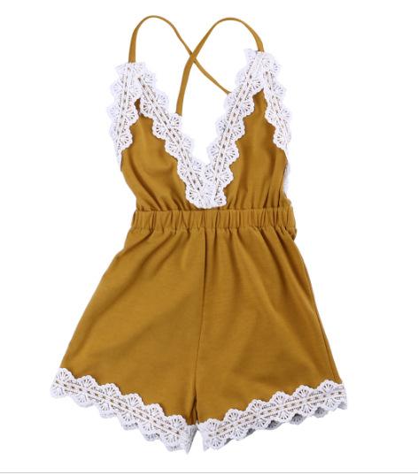 INS Baby Lace Rompers summer toddler kids deep v-neck rompers baby girls cotton shorts jumpsuits