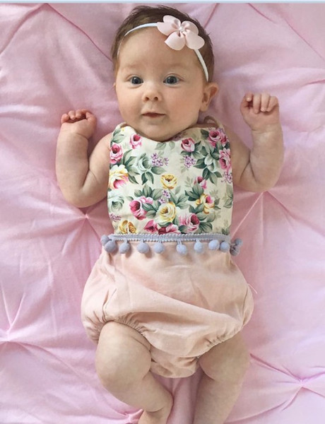 Baby Girl Floral Rompers Newborn Girl Cotton Tassel Rompers Infant Summer Halter Backless Rompers Jumpsuits Baby Cotton Climb Clothing