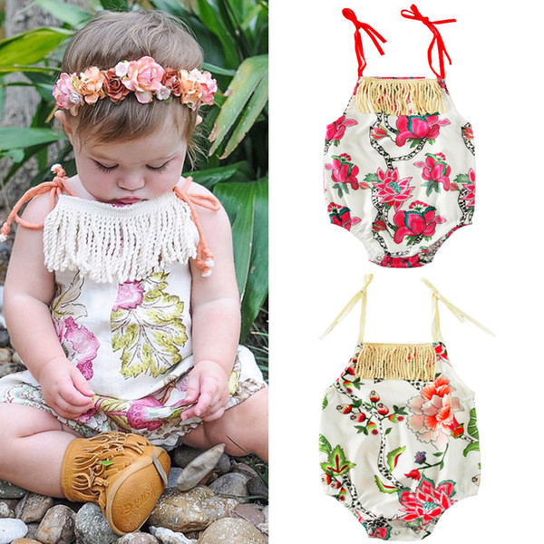 2017 Ins Summer Baby Girl Floral Rompers Baby Tassel Singlet Jumpsuit Sunsuit Beach Clothes Kids Clothing Girls