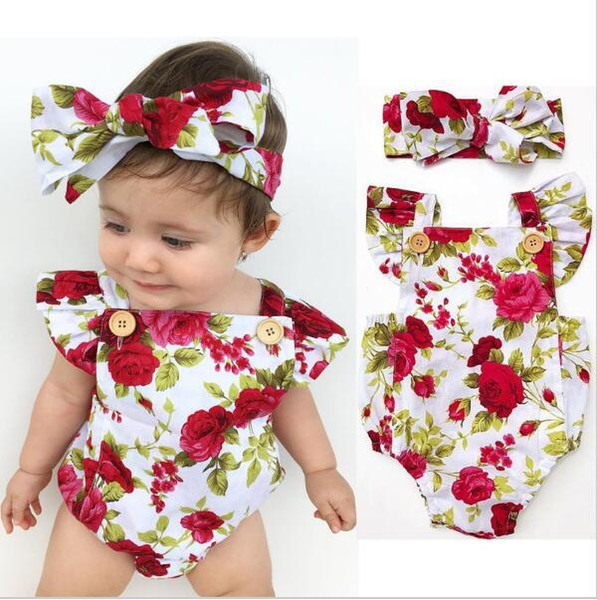 Children Summer Rompers Girl Rose Flower Print Romper+Headband Two Piece Sets Kids Clothing Suits