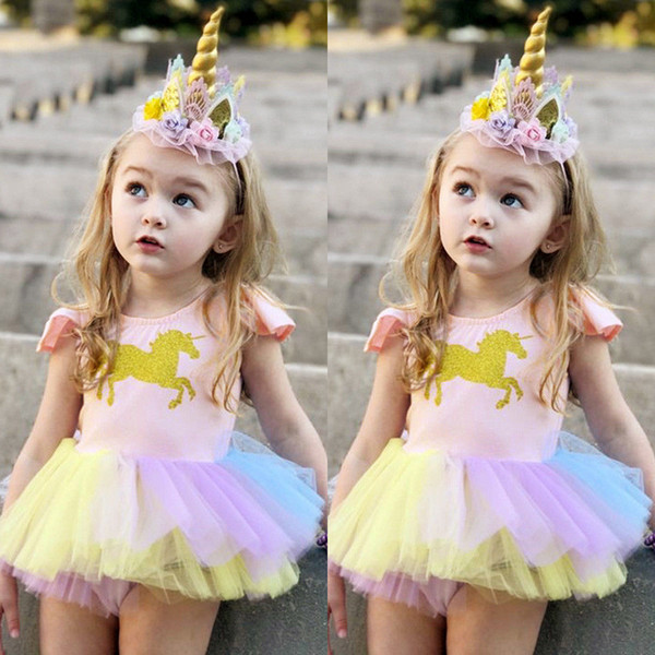 2018 Kids Baby Girls Sequin Unicorn Romper Fly Sleve Cake Jumpsuit Outfits Summer Sunsuit Clothes