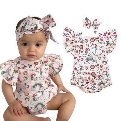 2018 Kids Baby Girls Unicorn Romper Fly Sleve Jumpsuit With Headband 2pcs Outfits Summer Sunsuit Clothes