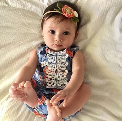 2018 ins hot infant toddlers girl blue floral romper lace splice newborn baby soft cotton climb romper